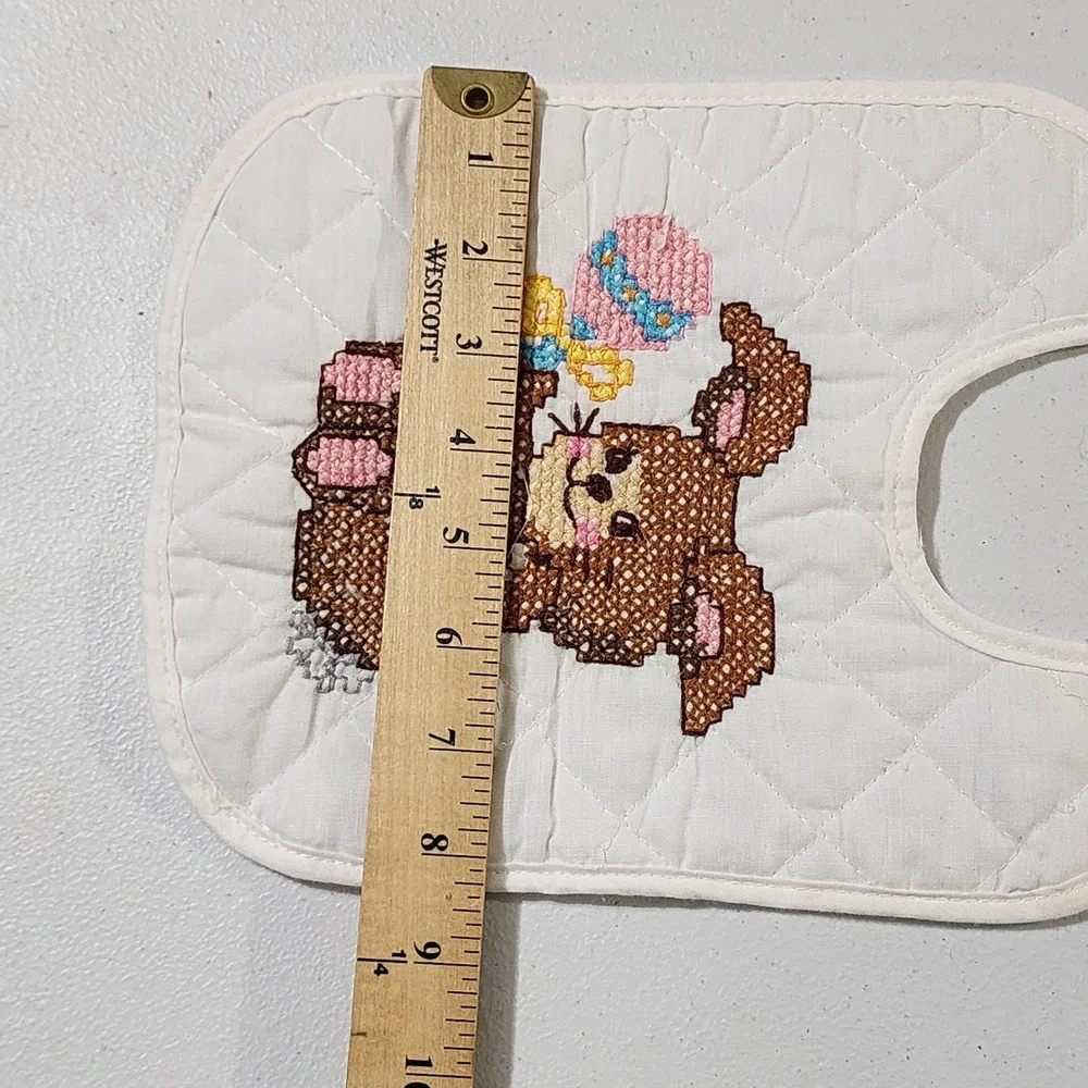 Vintage Handmade Quilted Baby Bib Cross Stitch Bunny Rabbit Rattle White Tie On